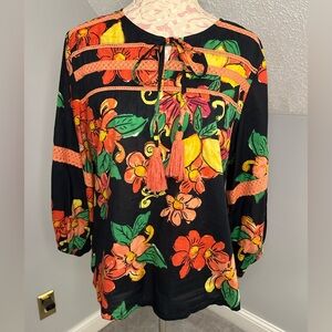 EUC ModaPosa Womens Floral Citrus Print Boho Peasant Top Size XL Linen-Like